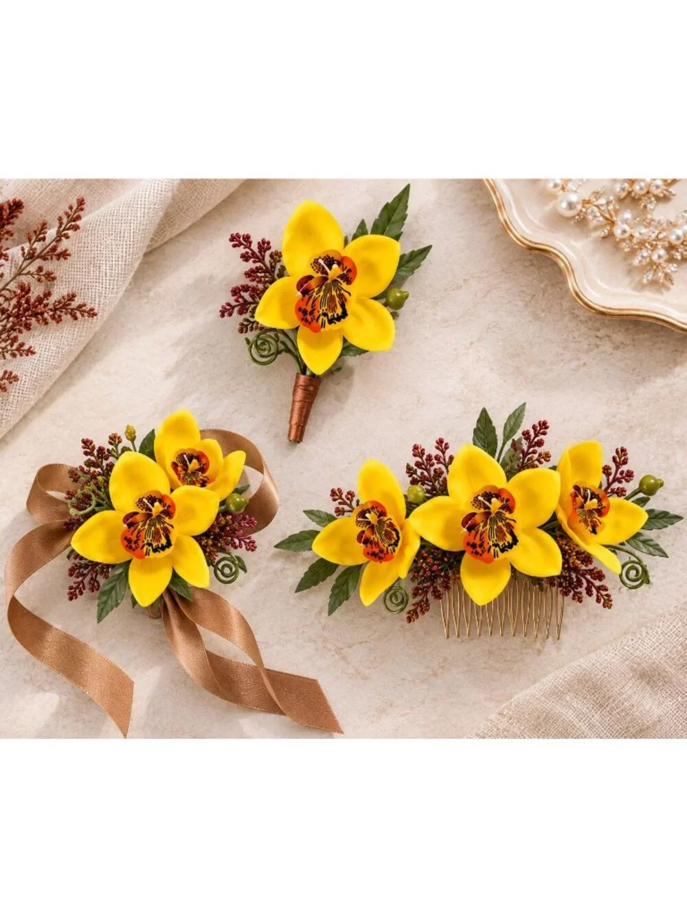 Artificial Yellow Orchid Stems Set of 9 Single Bloom 13 Inch Faux Silk Wedding F